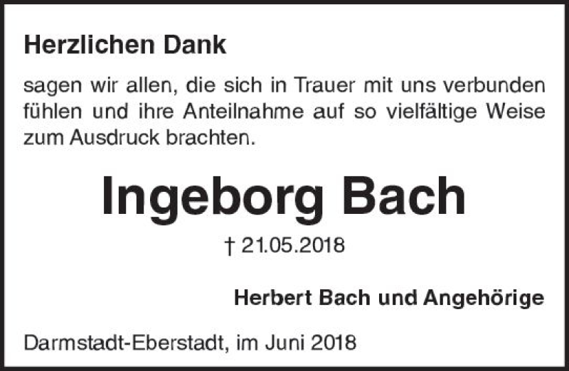  Traueranzeige für Ingeborg Bach vom 16.06.2018 aus Trauerportal Rhein Main Presse