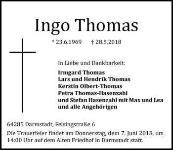 Traueranzeige von Ingo Thomas von Trauerportal Rhein Main Presse