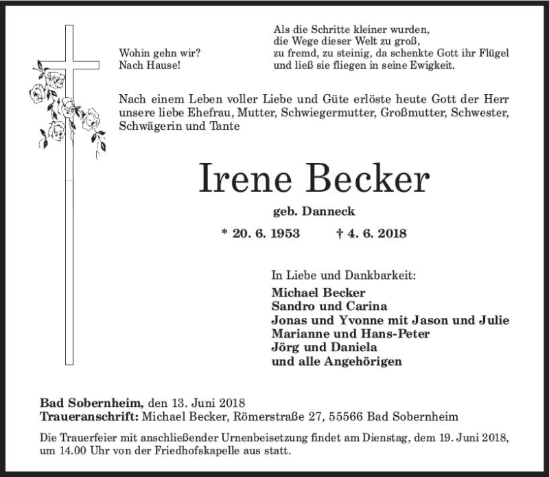  Traueranzeige für Irene Becker vom 13.06.2018 aus Trauerportal Rhein Main Presse