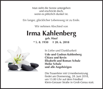Traueranzeige von Irma Kahlenberg von Trauerportal Rhein Main Presse