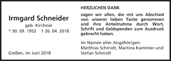 Traueranzeige von Irmgard Schneider von  Gießener Anzeiger