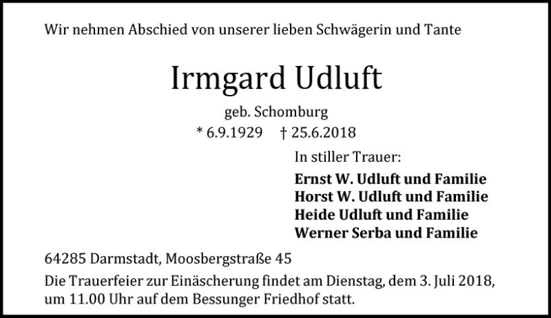  Traueranzeige für Irmgard Udluft vom 30.06.2018 aus Trauerportal Rhein Main Presse