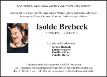 Traueranzeige von Isolde Brebeck von Trauerportal Rhein Main Presse
