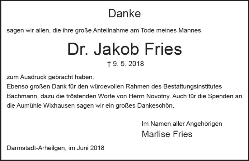  Traueranzeige für Jakob Fries vom 16.06.2018 aus Trauerportal Rhein Main Presse