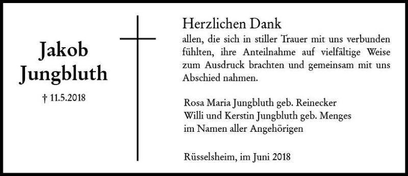  Traueranzeige für Jakob Jungbluth vom 23.06.2018 aus Trauerportal Rhein Main Presse