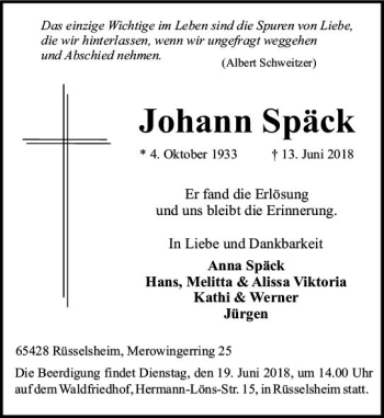 Traueranzeige von Johann Späck von Trauerportal Rhein Main Presse