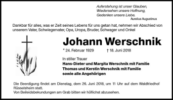 Traueranzeige von Johann Werschnik von Trauerportal Rhein Main Presse