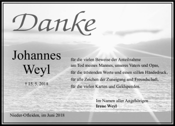 Traueranzeige von Johannes Weyl von VRM Trauer