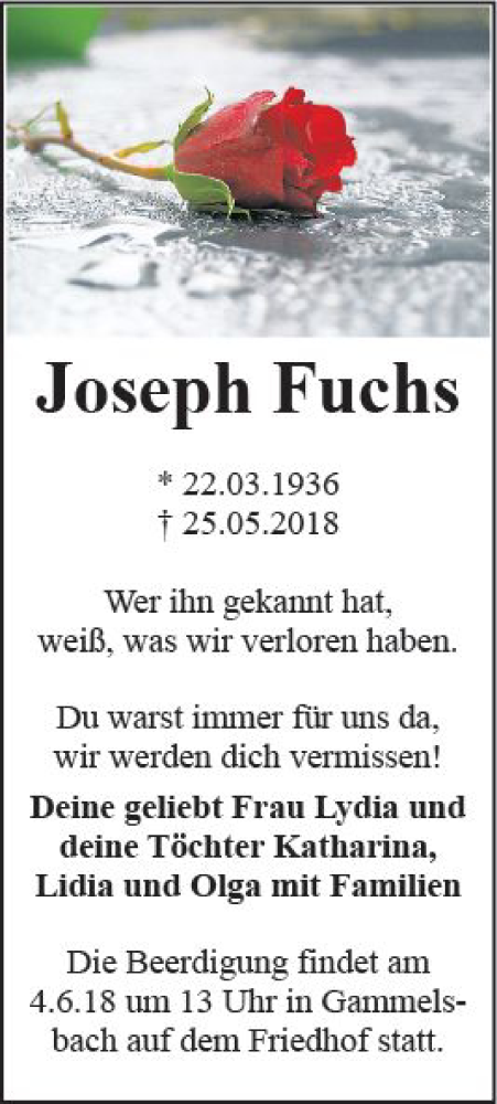  Traueranzeige für Joseph Fuchs vom 02.06.2018 aus Trauerportal Rhein Main Presse