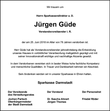 Traueranzeige von Jürgen Güde von Trauerportal Rhein Main Presse