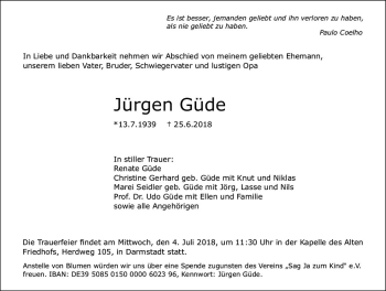 Traueranzeige von Jürgen Güde von Trauerportal Rhein Main Presse