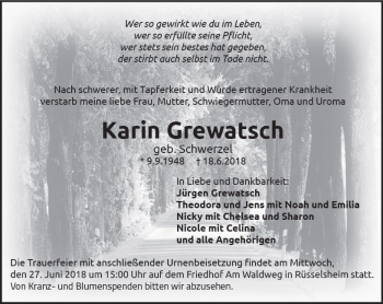 Traueranzeige von Karin Grewatsch von Trauerportal Rhein Main Presse