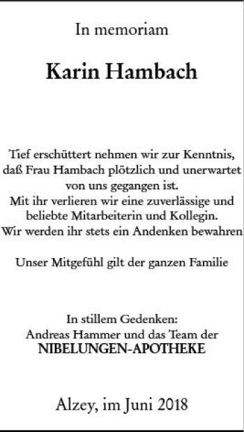 Traueranzeige von Karin Hambach von Trauerportal Rhein Main Presse