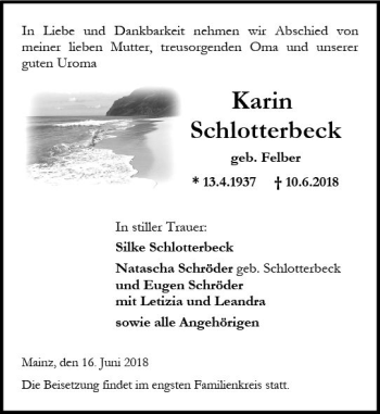 Traueranzeige von Karin Schlotterbeck von Trauerportal Rhein Main Presse