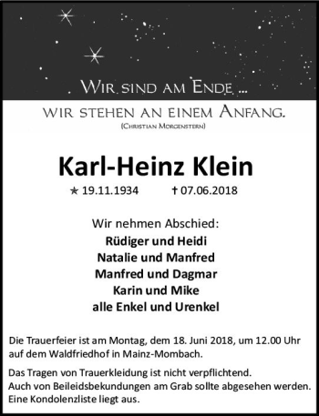 Traueranzeige von Karl-Heinz Klein von Trauerportal Rhein Main Presse