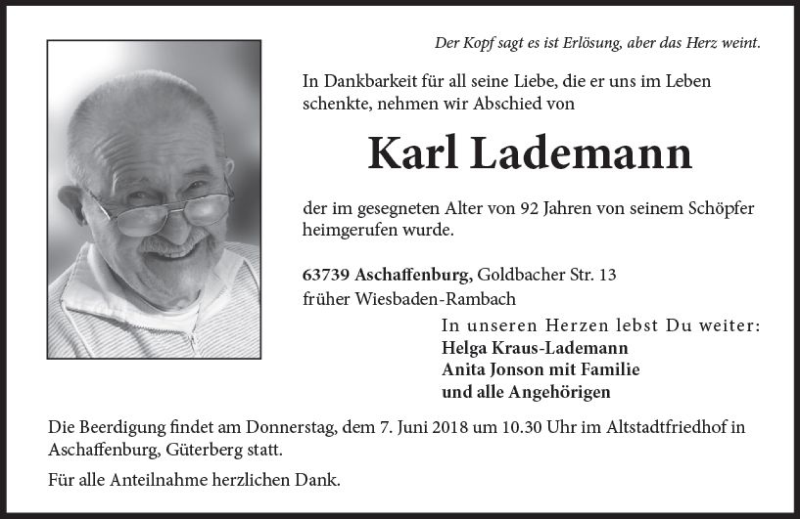  Traueranzeige für Karl Lademann vom 05.06.2018 aus Trauerportal Rhein Main Presse