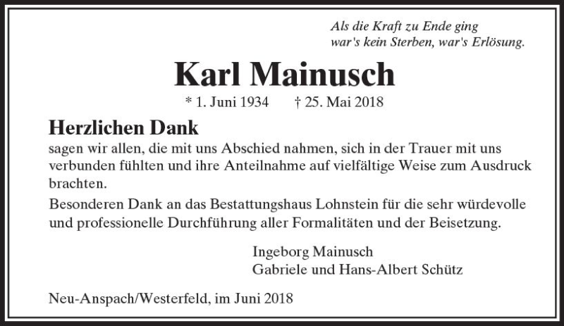  Traueranzeige für Karl Mainusch vom 19.06.2018 aus  Usinger Anzeiger