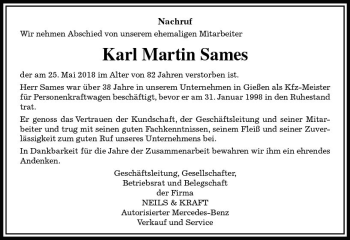 Traueranzeige von Karl Martin Sames von  Gießener Anzeiger