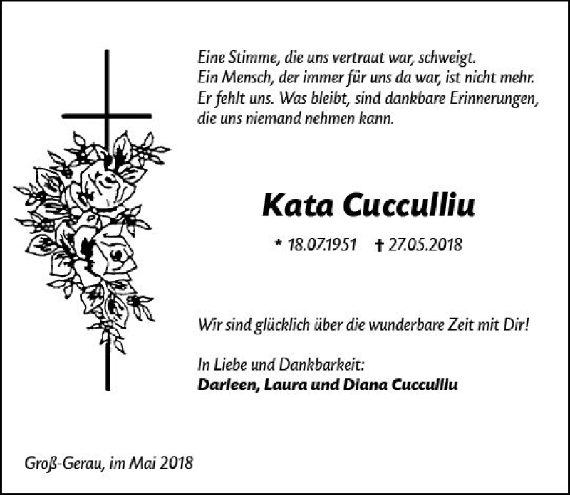  Traueranzeige für Kata Cucculliu vom 04.06.2018 aus Trauerportal Rhein Main Presse