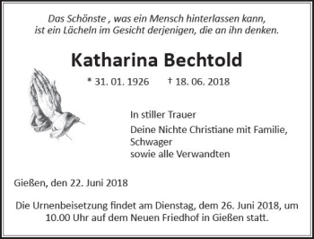 Traueranzeige von Katharina Bechtold von  Gießener Anzeiger
