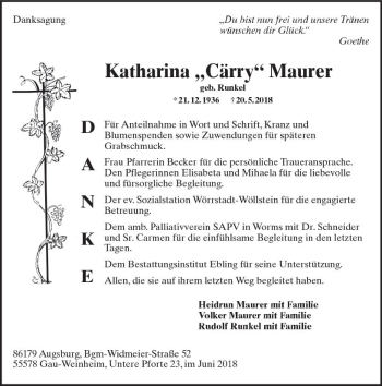 Traueranzeige von Katharina Maurer von Trauerportal Rhein Main Presse