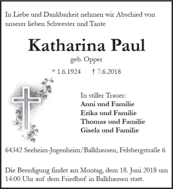 Traueranzeige von Katharina Paul von Trauerportal Rhein Main Presse