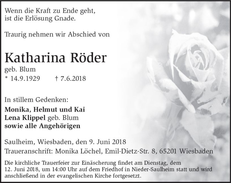  Traueranzeige für Katharina Röder vom 09.06.2018 aus Trauerportal Rhein Main Presse