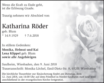 Traueranzeige von Katharina Röder von Trauerportal Rhein Main Presse