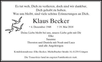 Traueranzeige von Klaus Becker von  Usinger Anzeiger