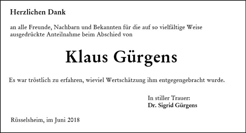  Traueranzeige für Klaus Gürgens vom 02.06.2018 aus Trauerportal Rhein Main Presse