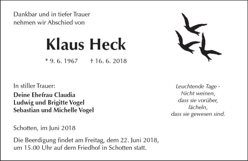  Traueranzeige für Klaus Heck vom 20.06.2018 aus  Kreisanzeiger