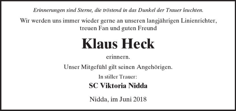  Traueranzeige für Klaus Heck vom 22.06.2018 aus  Kreisanzeiger