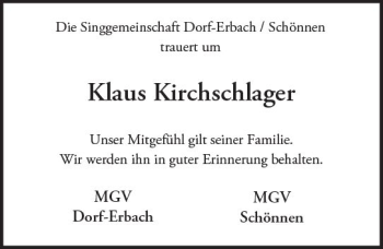 Traueranzeige von Klaus Kirchschlager von Trauerportal Rhein Main Presse