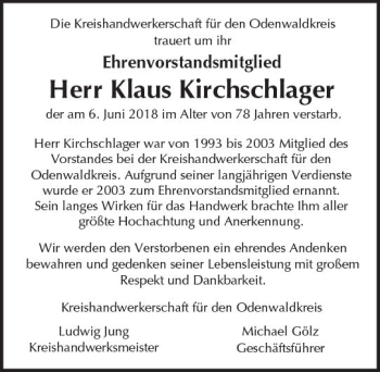 Traueranzeige von Klaus Kirchschlager von Trauerportal Rhein Main Presse