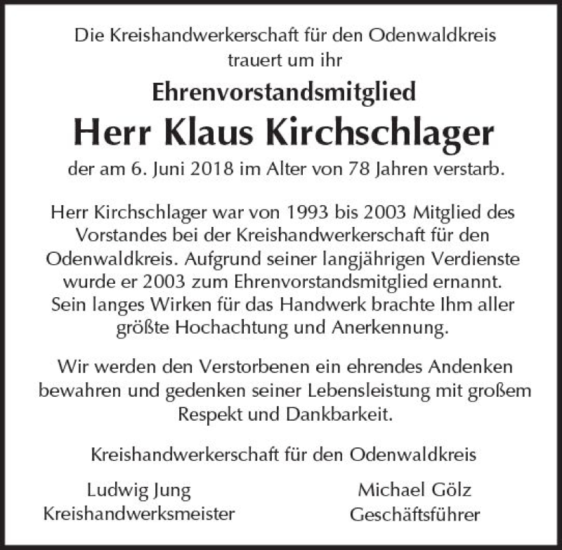  Traueranzeige für Klaus Kirchschlager vom 09.06.2018 aus Trauerportal Rhein Main Presse