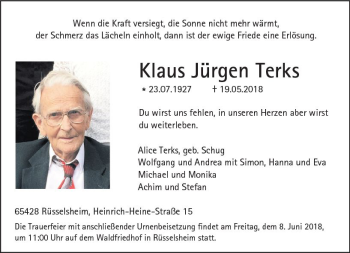 Traueranzeige von Klaus Jürgen Terks von Trauerportal Rhein Main Presse