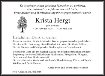 Traueranzeige von Krista Hergt von  Usinger Anzeiger