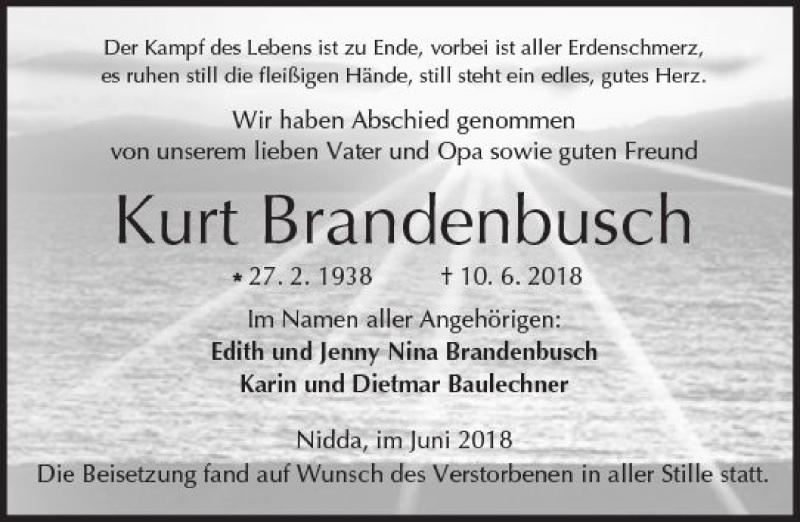  Traueranzeige für Kurt Brandenbusch vom 23.06.2018 aus  Kreisanzeiger