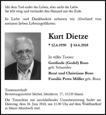 Traueranzeige von Kurt Dietze von Trauerportal Rhein Main Presse