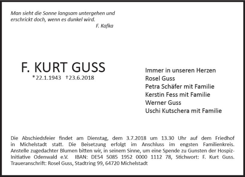  Traueranzeige für Kurt Guss vom 30.06.2018 aus Trauerportal Rhein Main Presse