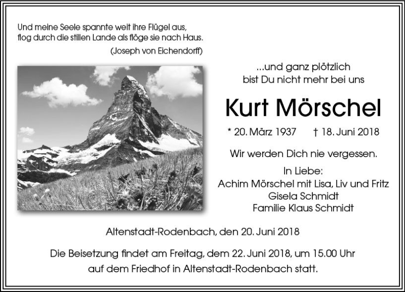  Traueranzeige für Kurt Mörschel vom 20.06.2018 aus  Kreisanzeiger