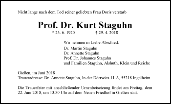 Traueranzeige von Kurt Staguhn von  Gießener Anzeiger