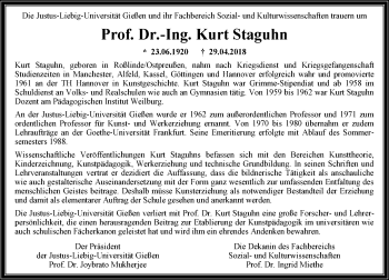Traueranzeige von Kurt Staguhn von  Gießener Anzeiger