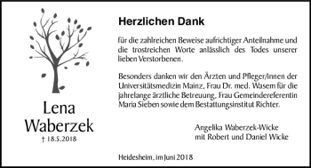 Traueranzeige von Lena Waberzek von Trauerportal Rhein Main Presse