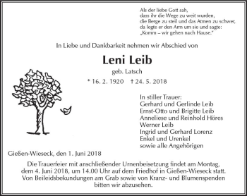 Traueranzeige von Leni Leib von  Gießener Anzeiger