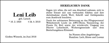 Traueranzeige von Leni Leib von  Gießener Anzeiger