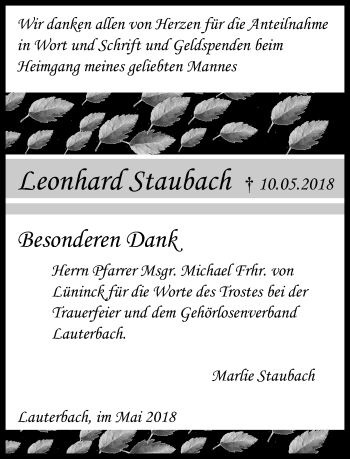 Traueranzeige von Leonhard Staubach von VRM Trauer