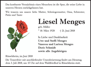 Traueranzeige von Liesel Menges von Trauerportal Rhein Main Presse