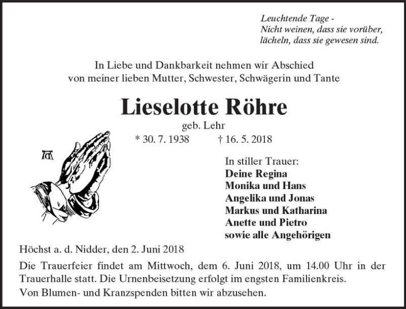  Traueranzeige für Lieselotte Röhre vom 02.06.2018 aus  Kreisanzeiger