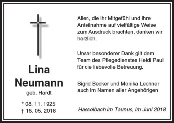 Traueranzeige von Lina Neumann von  Camberger Anzeiger